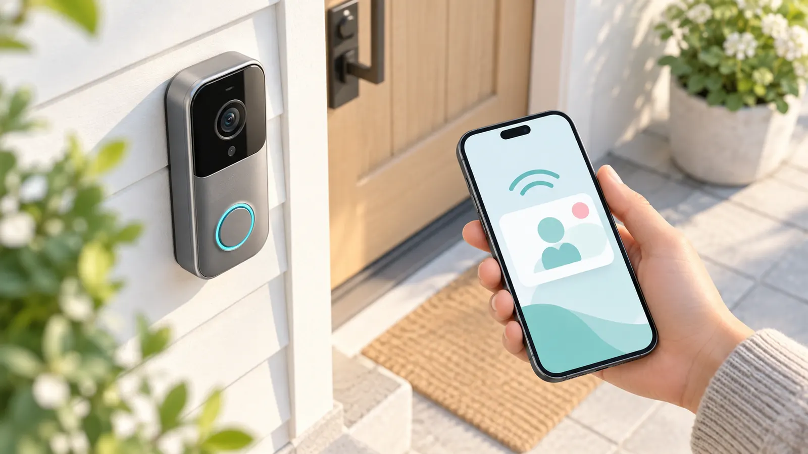 Concept illustration of a video doorbell with a smartphone visitor display.