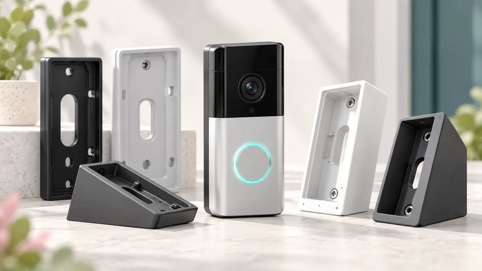 Concept illustration of a video doorbell with flat and angled mounting brackets.