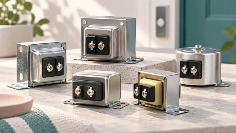 Concept illustration of several doorbell transformers beside a home entrance.