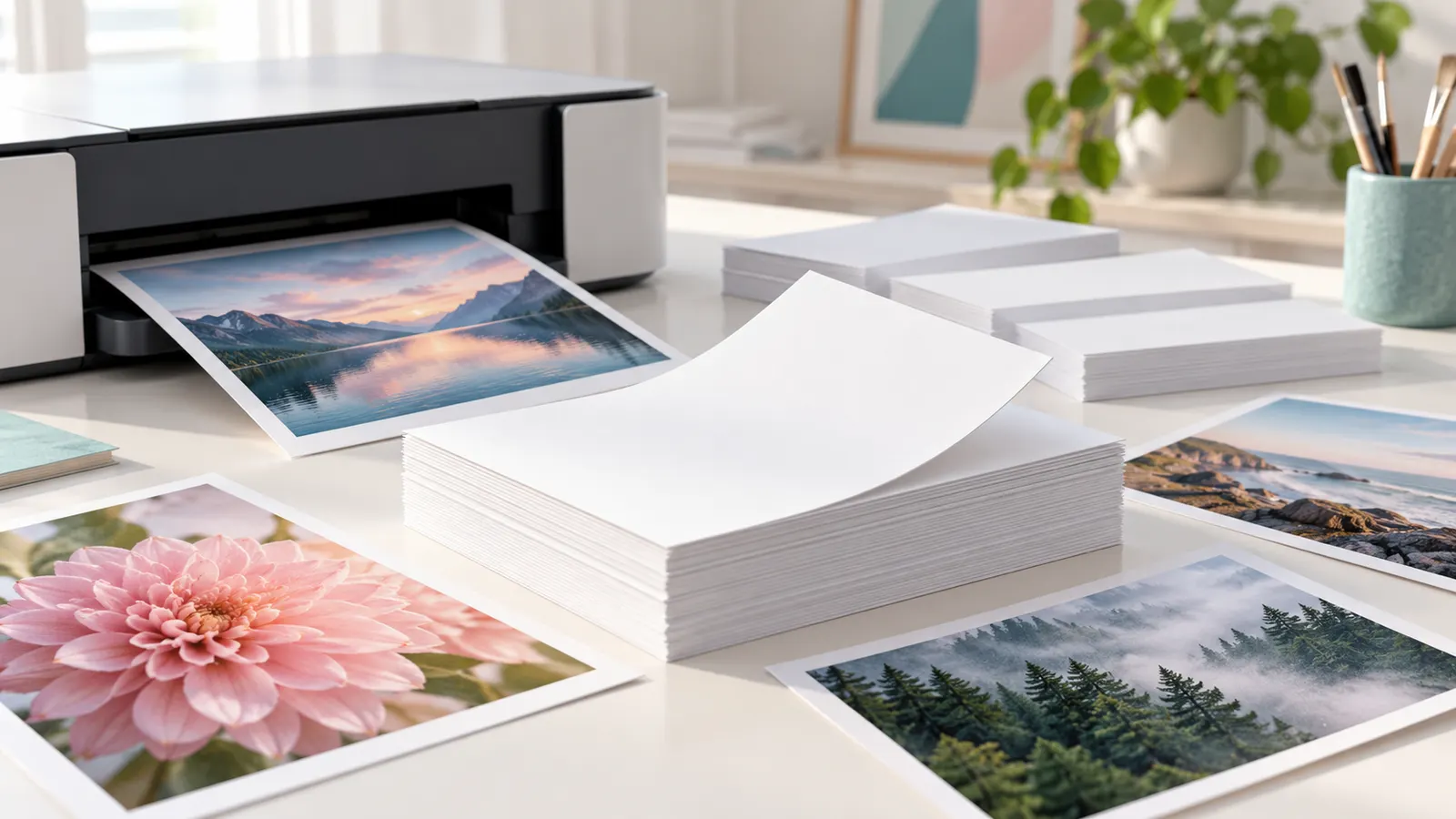 Concept illustration of matte photo paper sheets and printed landscape photographs beside a printer.