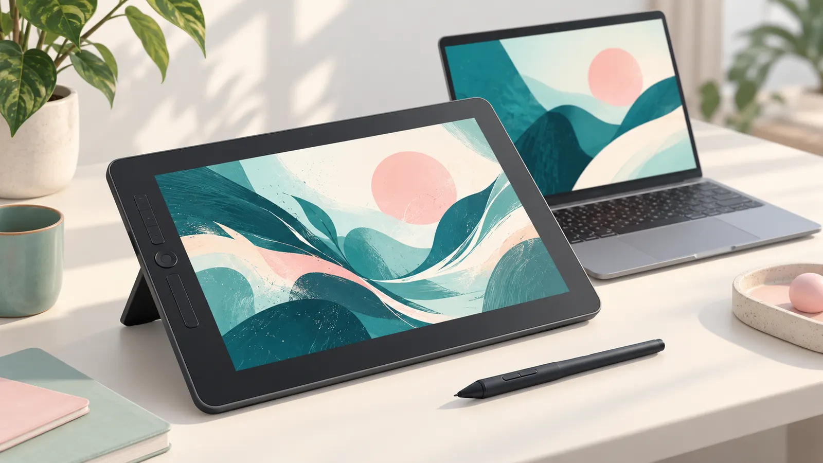 Concept illustration of an unbranded pen display tablet, stylus and laptop showing abstract digital artwork.