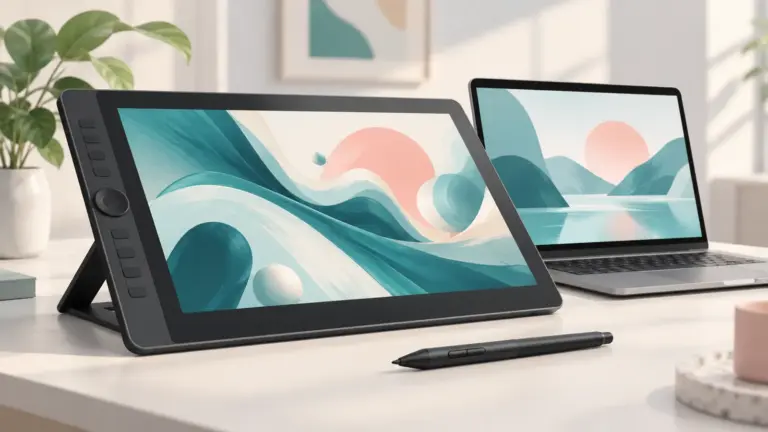 Concept illustration of an unbranded pen display tablet, stylus and laptop showing abstract digital artwork.