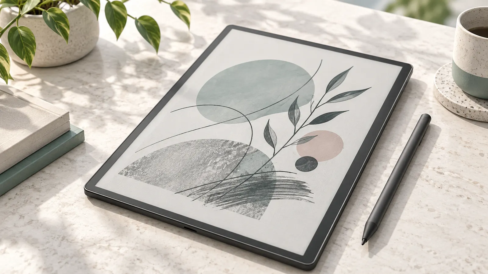 Concept illustration of an unbranded e-ink note-taking tablet with a stylus and abstract monochrome page.