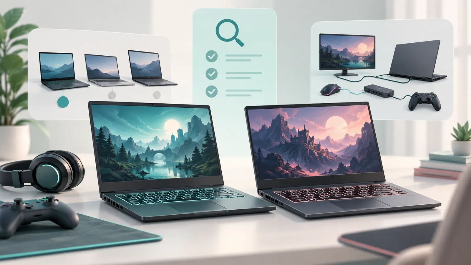 Concept illustration of two gaming laptops beside a selection checklist and gaming accessories.
