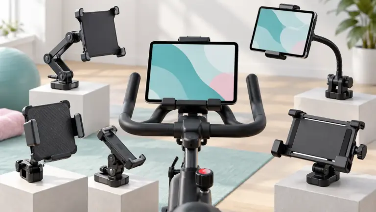 Concept illustration of tablet holders with adjustable arms and an exercise bike handlebar mount.