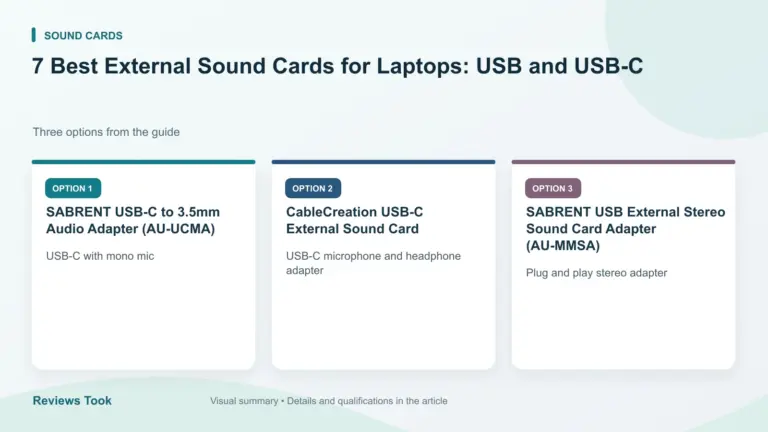 Comparison of three options: SABRENT USB-C to 3.5mm Audio Adapter (AU-UCMA); CableCreation USB-C External Sound Card; SABRENT USB External Stereo Sound Card Adapter (AU-MMSA).