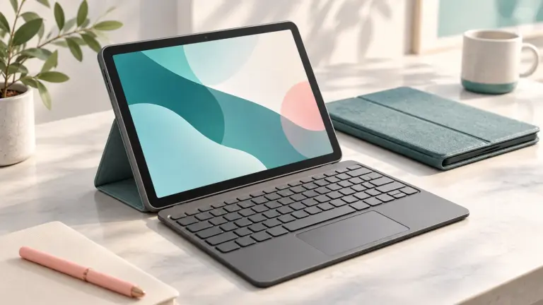 Concept illustration of an unbranded tablet with a detachable keyboard and protective folio case.