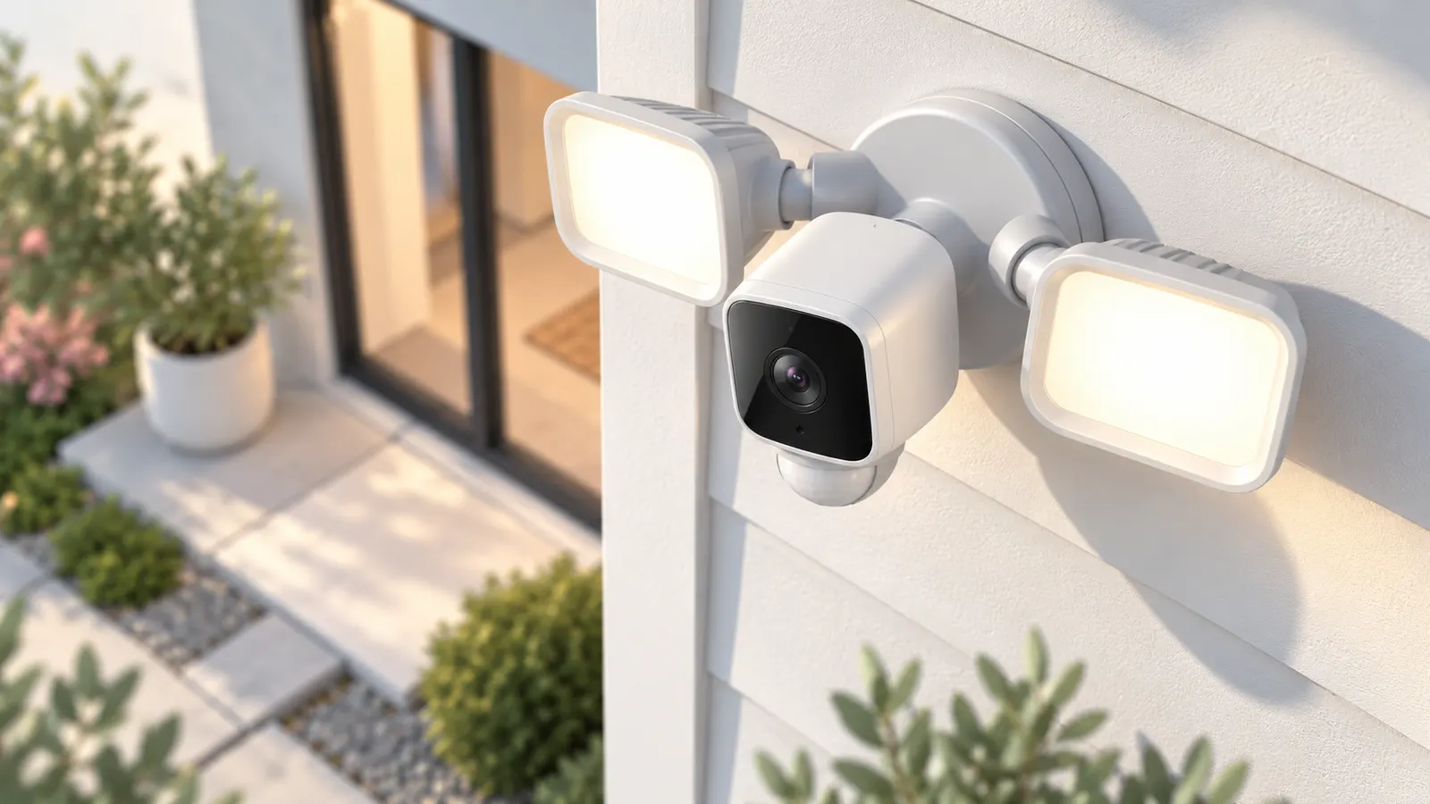 Concept illustration of a wall-mounted outdoor security camera with two floodlights.