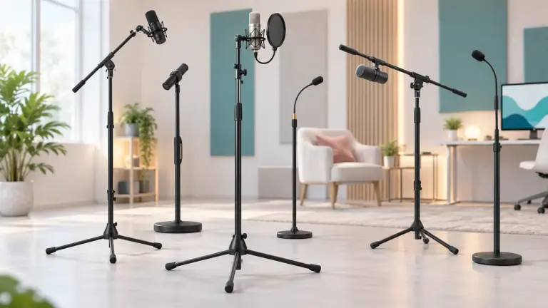Concept illustration of floor microphone stands with adjustable boom arms and bases.