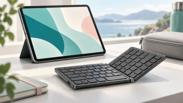 Concept illustration of a folding wireless keyboard shown partly folded beside a tablet.