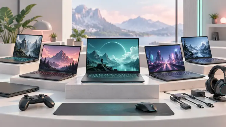 Concept illustration of three gaming laptops arranged with a mouse, headset and game controller.