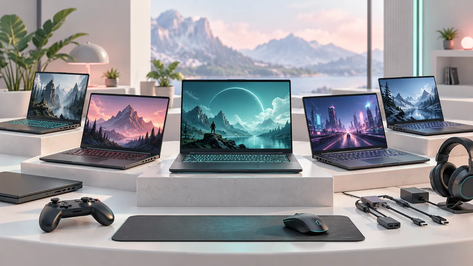 Concept illustration of three gaming laptops arranged with a mouse, headset and game controller.