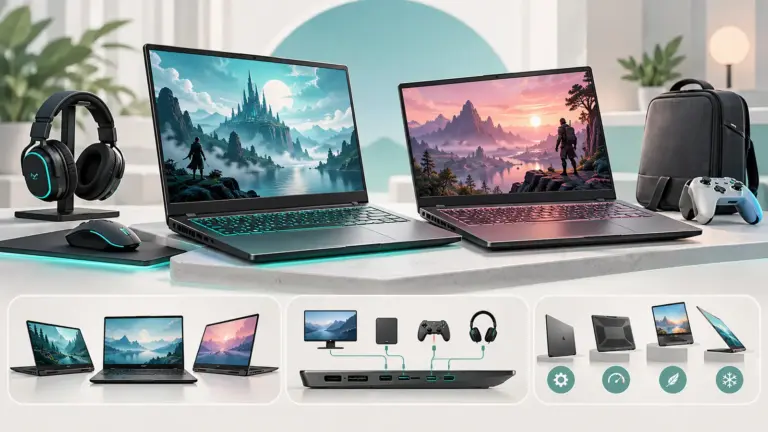 Concept illustration of two gaming laptops with headsets, a mouse and peripheral selection symbols.