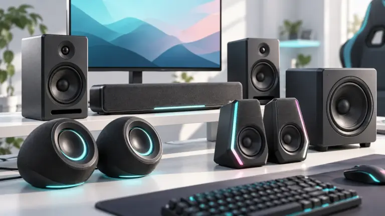 Concept illustration of desktop gaming speakers and a subwoofer beside a computer monitor.