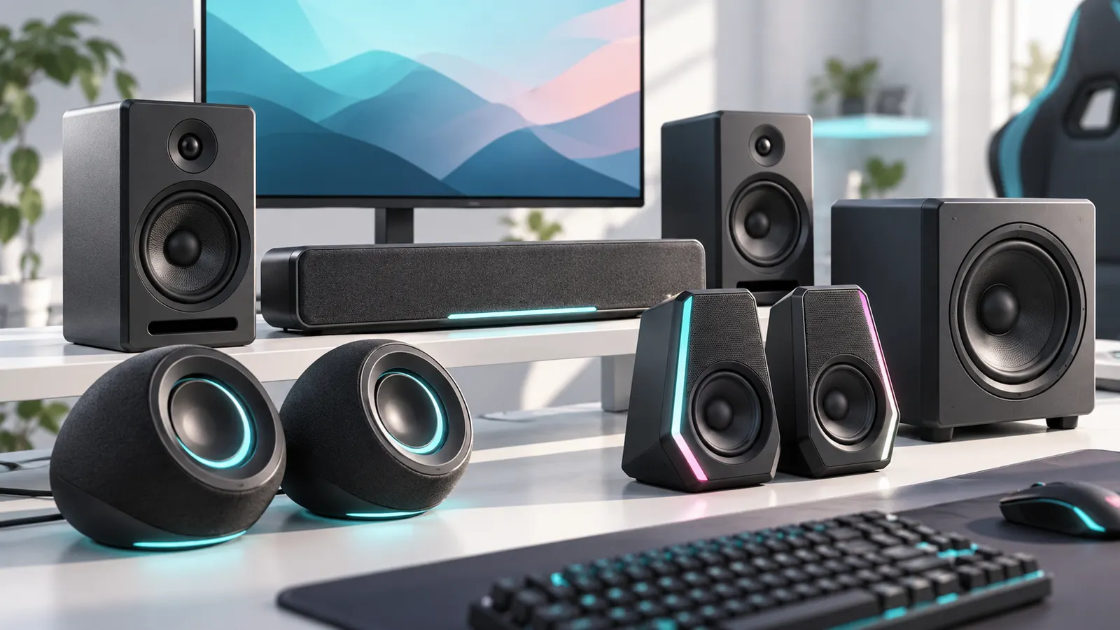 Concept illustration of desktop gaming speakers and a subwoofer beside a computer monitor.