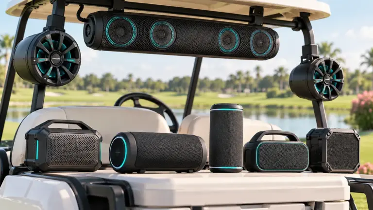 Concept illustration of portable and mounted speakers arranged on a golf cart.
