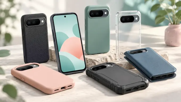 Concept illustration of protective smartphone cases beside an unbranded phone.