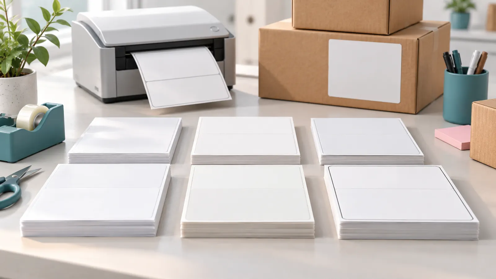 Concept illustration of shipping label sheets beside a desktop printer and cardboard parcels.