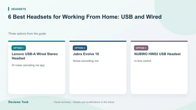 Comparison of three options: Lenovo USB-A Wired Stereo Headset; Jabra Evolve 10; NUBWO HW02 USB Headset.