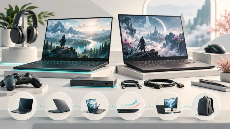 Concept illustration of two gaming laptops with external accessories and display options.