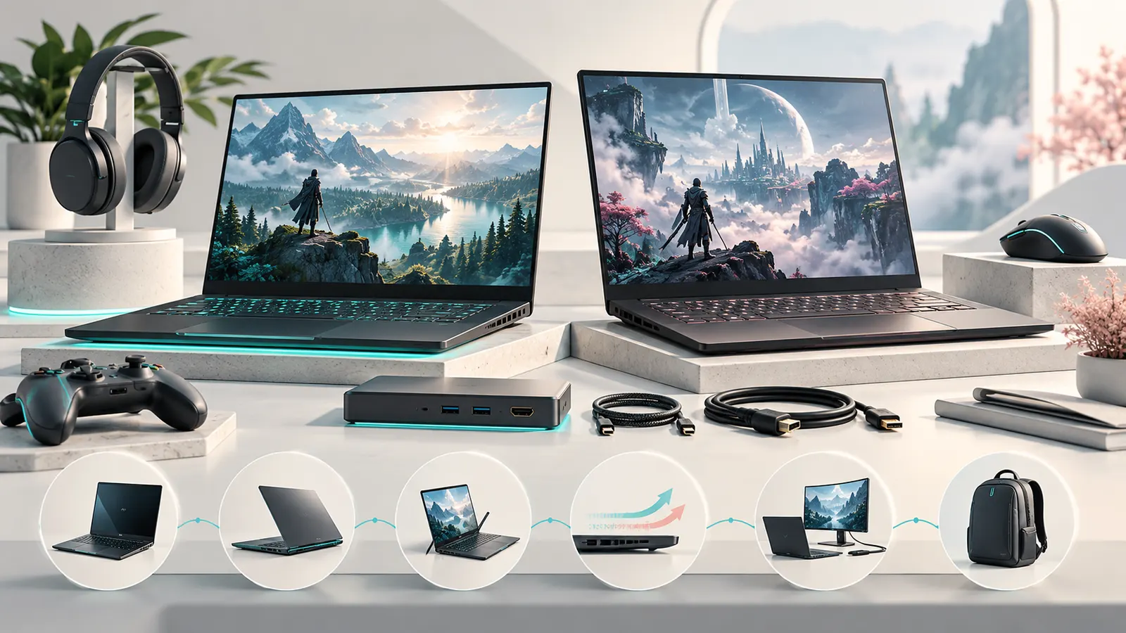 Concept illustration of two gaming laptops with external accessories and display options.