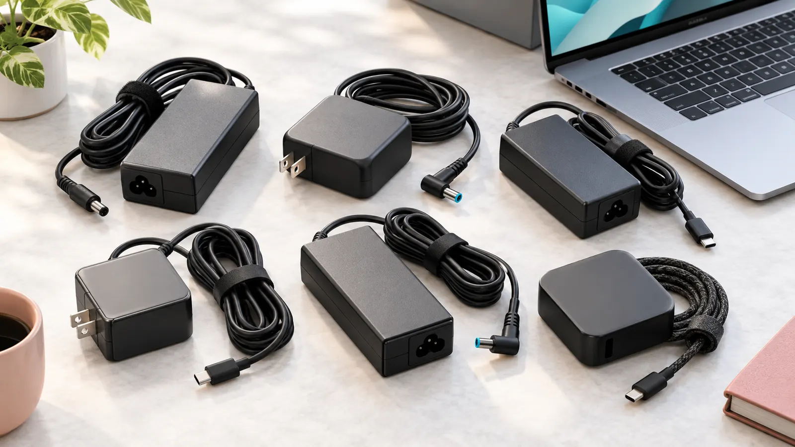 Concept illustration of laptop chargers and coiled power cables beside an unbranded laptop.