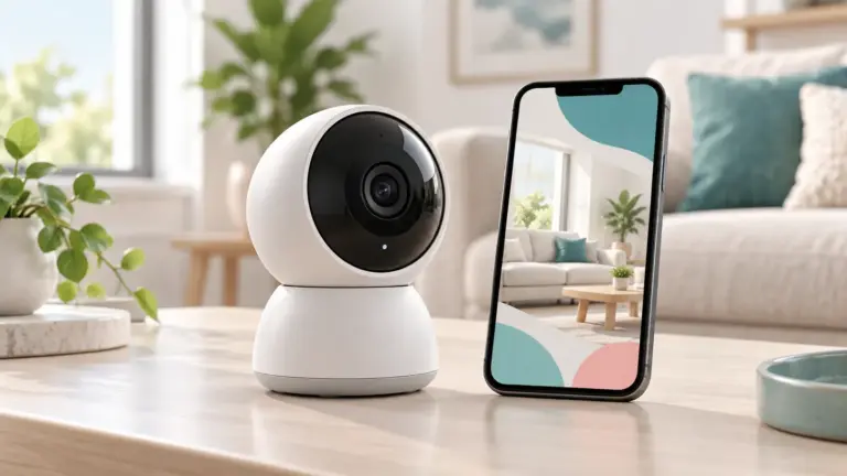Concept illustration of an unbranded indoor security camera beside a smartphone in a tidy living room.