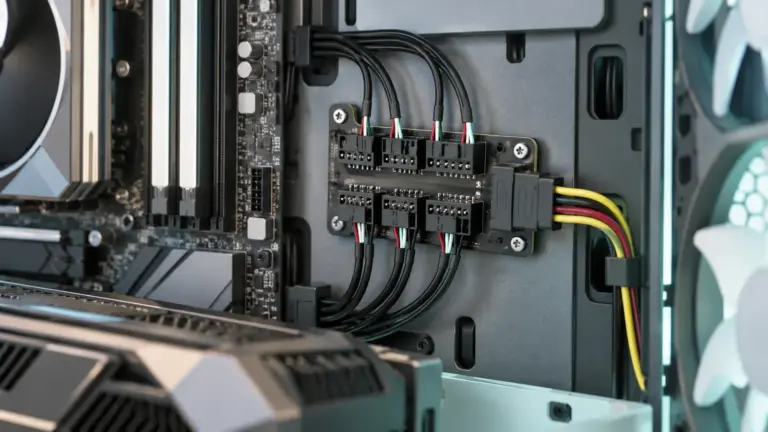 Concept illustration of an internal USB header hub with keyed connectors and a power lead mounted inside a desktop PC case.