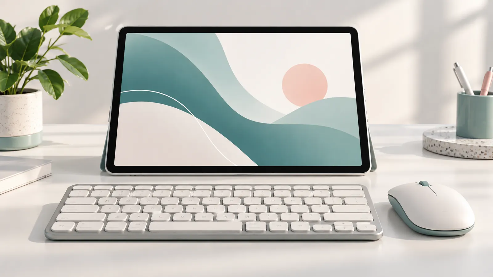 Concept illustration of a compact wireless keyboard and mouse paired with a tablet.