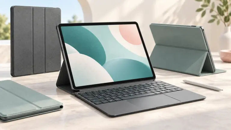 Concept illustration of an unbranded tablet with a detachable keyboard and protective folio case.