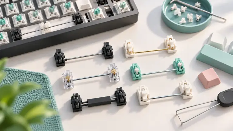 Concept illustration of mechanical keyboard stabilizer bars and housings beside a keyboard.