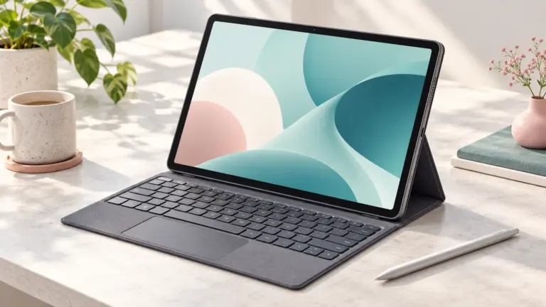 Concept illustration of an unbranded tablet with a detachable keyboard and protective folio case.
