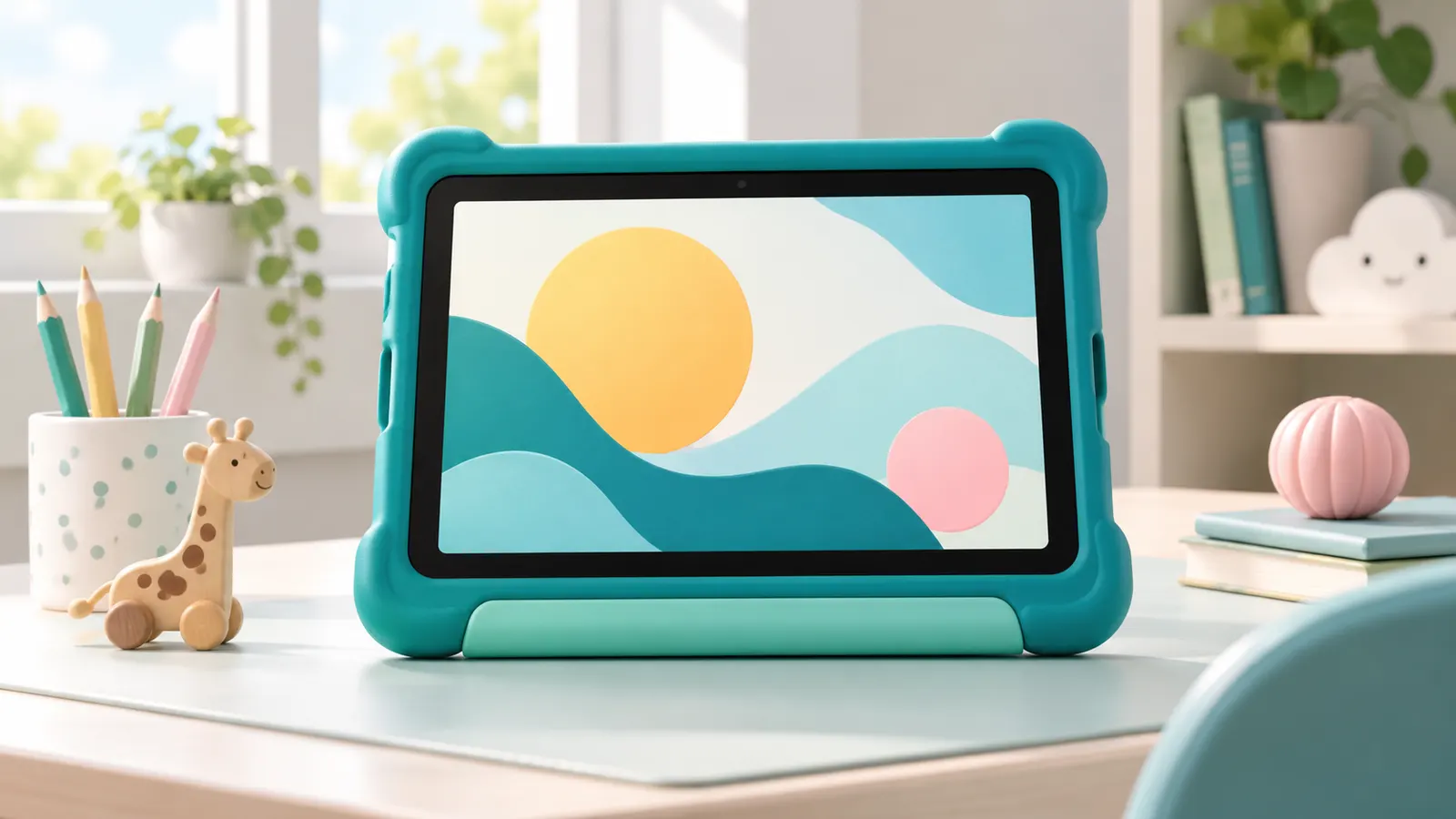 Concept illustration of an unbranded tablet in a colorful protective child-friendly case on a tidy desk.