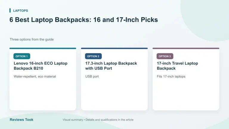 Comparison of three options: Lenovo 16-inch ECO Laptop Backpack B210; 17.3-inch Laptop Backpack with USB Port; 17-inch Travel Laptop Backpack.