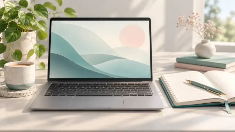 Concept illustration of a laptop beside a notebook, pen and water bottle.