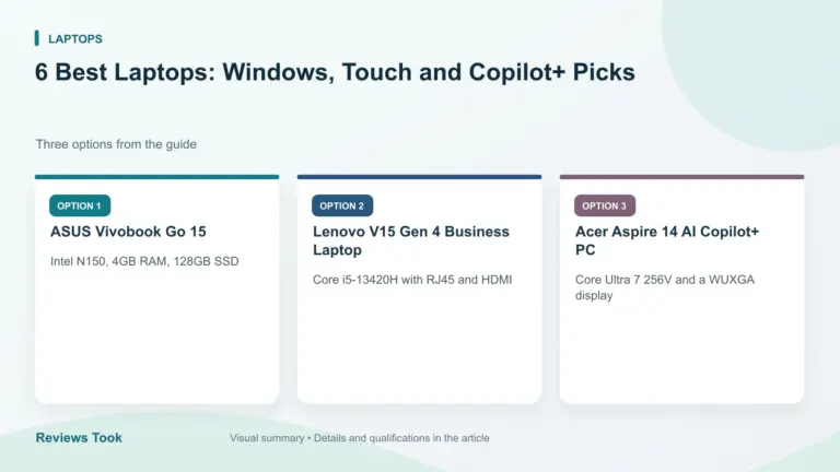 Comparison of three options: ASUS Vivobook Go 15; Lenovo V15 Gen 4 Business Laptop; Acer Aspire 14 AI Copilot+ PC.