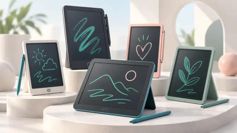 Concept illustration of simple LCD writing tablets with styluses and abstract handwritten strokes.
