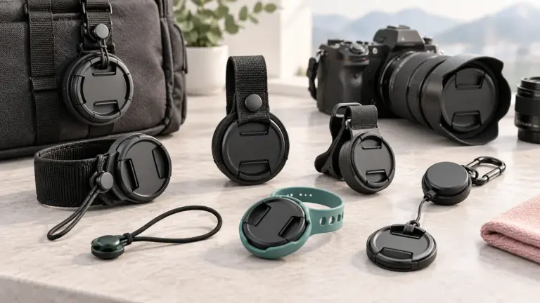 Concept illustration of camera lens caps secured to holders, straps and wrist loops.