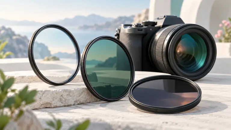 Concept illustration of circular lens filters beside a mirrorless camera.