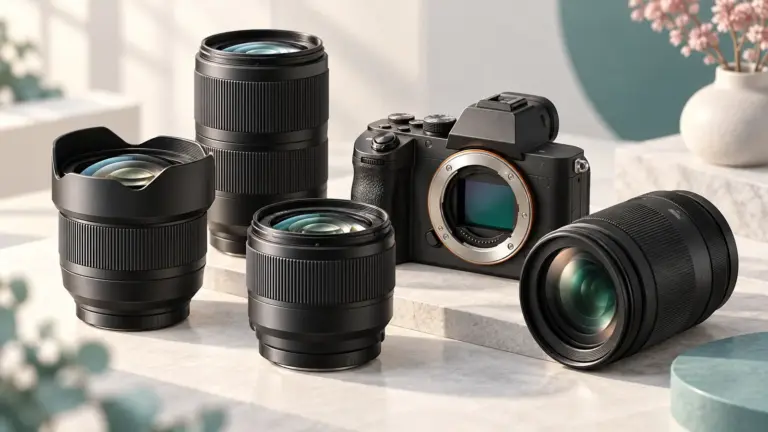 Concept illustration of interchangeable camera lenses beside an unbranded mirrorless camera body.