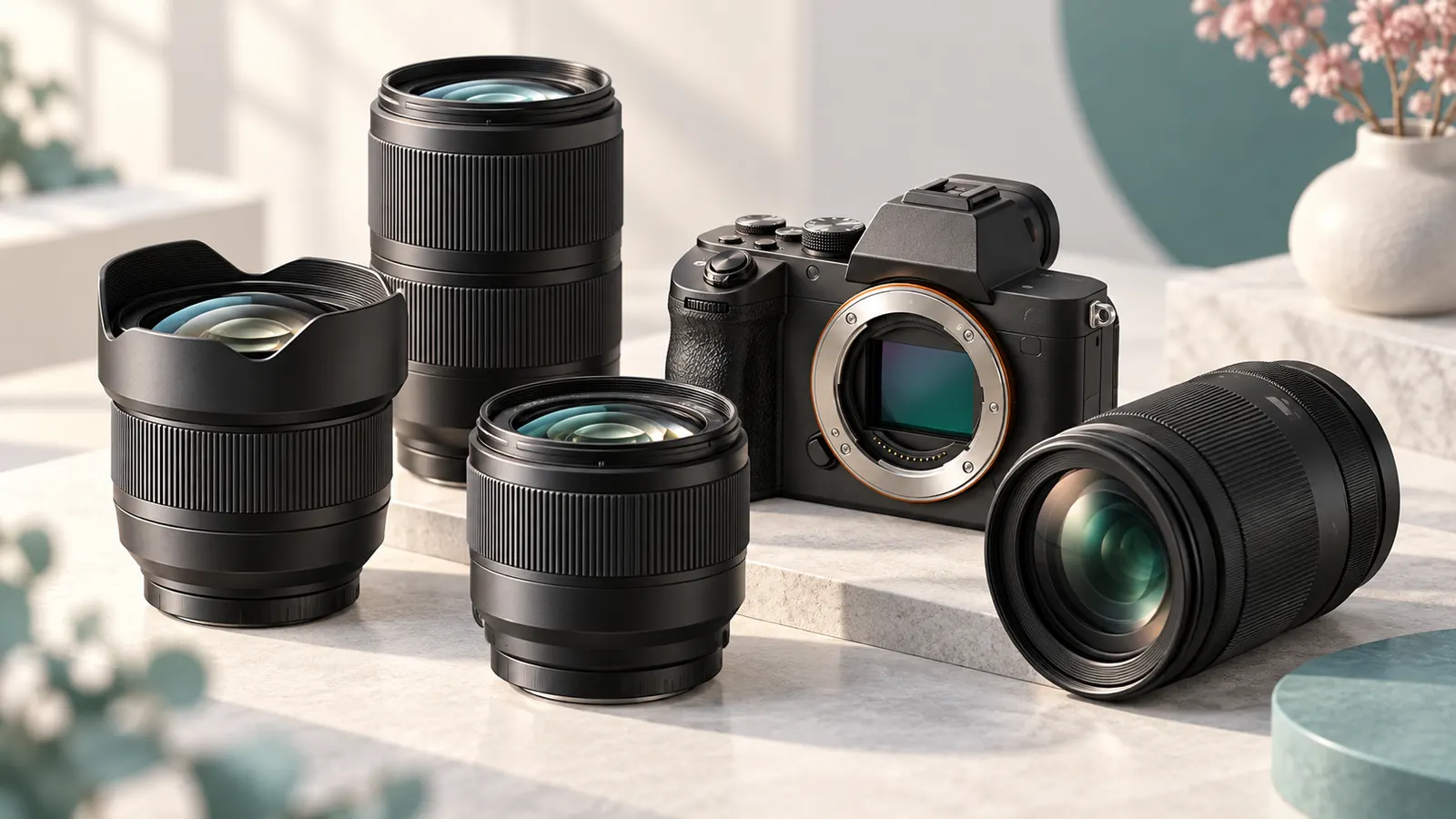 Concept illustration of interchangeable camera lenses beside an unbranded mirrorless camera body.