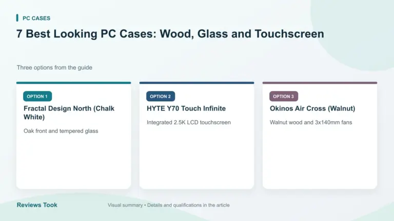 Comparison of three options: Fractal Design North (Chalk White); HYTE Y70 Touch Infinite; Okinos Air Cross (Walnut).