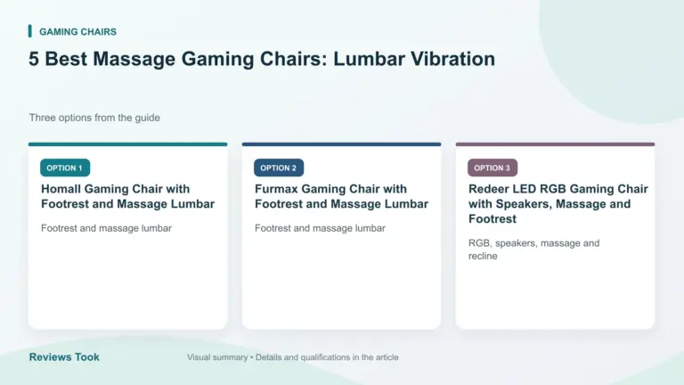 Comparison of three options: Homall Gaming Chair with Footrest and Massage Lumbar; Furmax Gaming Chair with Footrest and Massage Lumbar; Redeer LED RGB Gaming Chair with Speakers, Massage and Footrest.