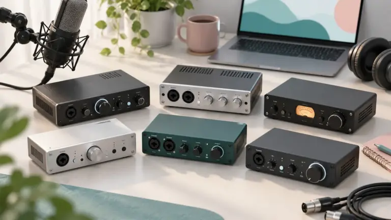 Concept illustration of desktop microphone preamplifiers beside a studio microphone and laptop.
