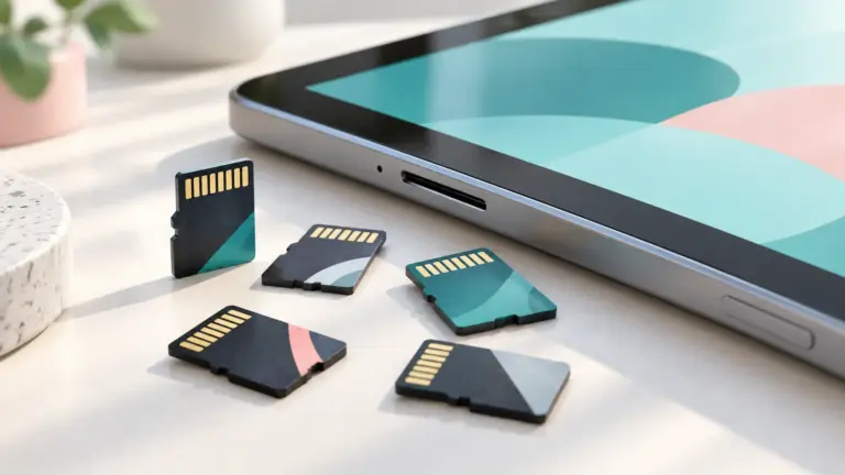 Concept illustration of microSD memory cards beside an unbranded tablet.