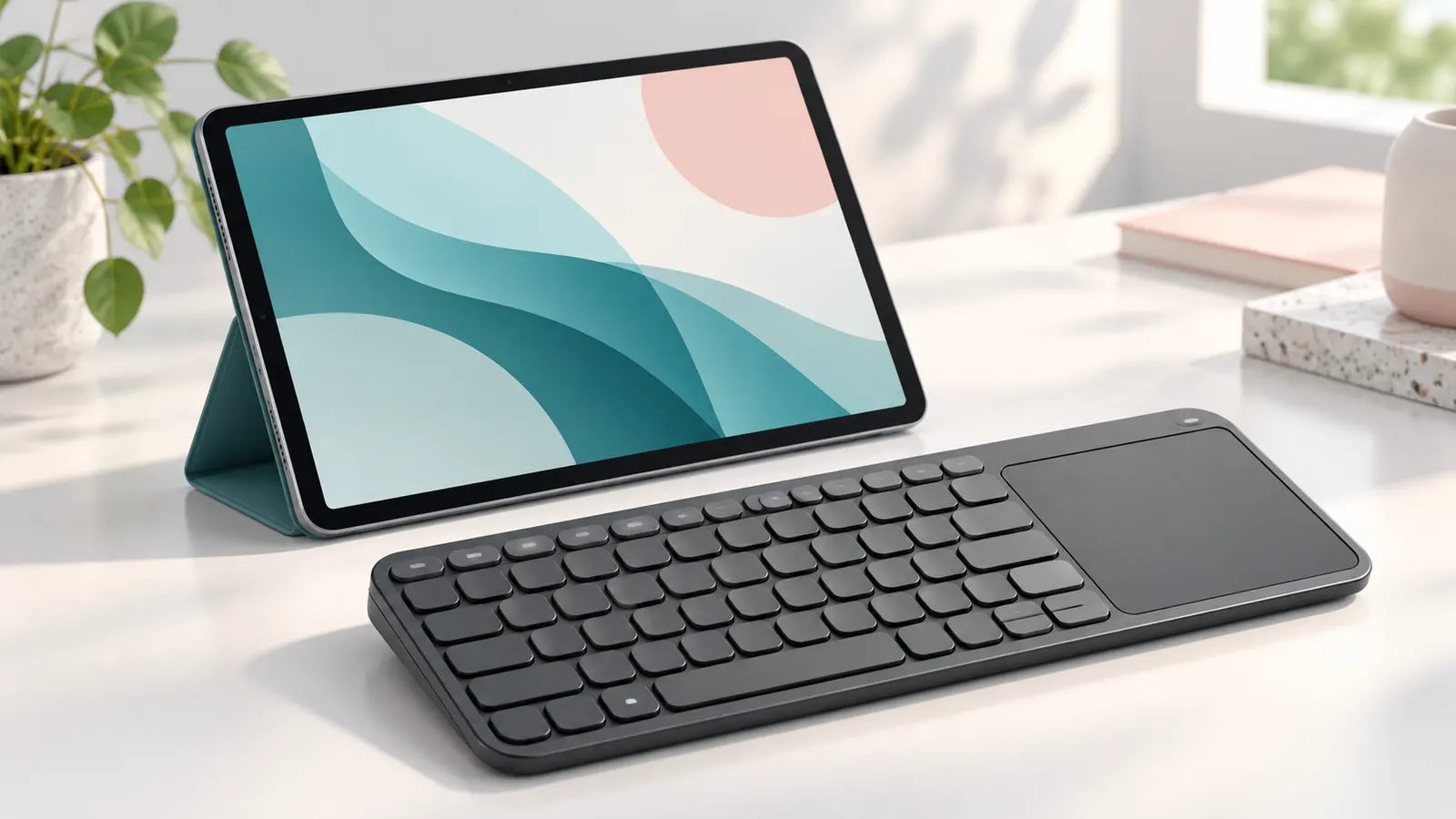 Concept illustration of a compact wireless keyboard with an integrated touchpad beside a tablet.