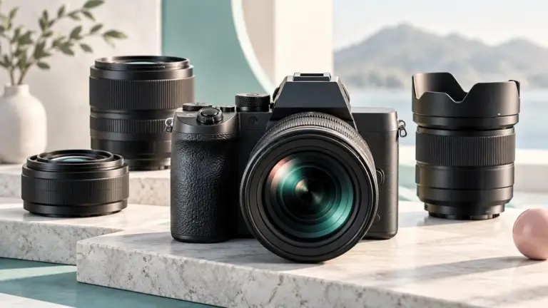 Concept illustration of a mirrorless camera with three interchangeable lenses.