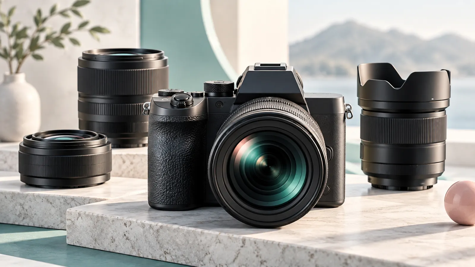 Concept illustration of a mirrorless camera with three interchangeable lenses.