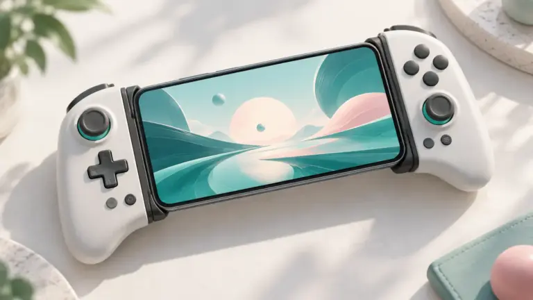 Concept illustration of a mobile game controller holding an unbranded smartphone.