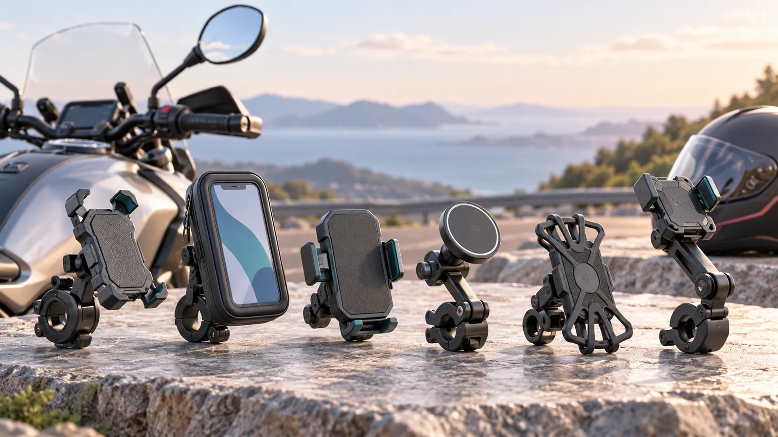 Concept illustration of smartphone handlebar mounts beside a motorcycle.